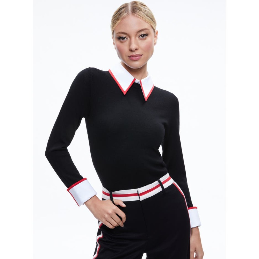 $440 Alice + Olivia Porla Collared Sweater Knit black white red preppy